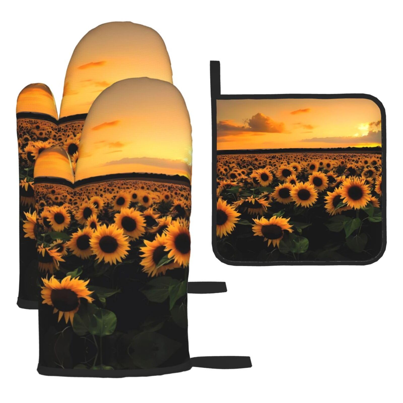 Sunflower and sunset (1) Printed Oven Mitt Set 3-Piece | Heat Resistant Gloves & Pot Holder Mat for Cooking, Baking & BBQ