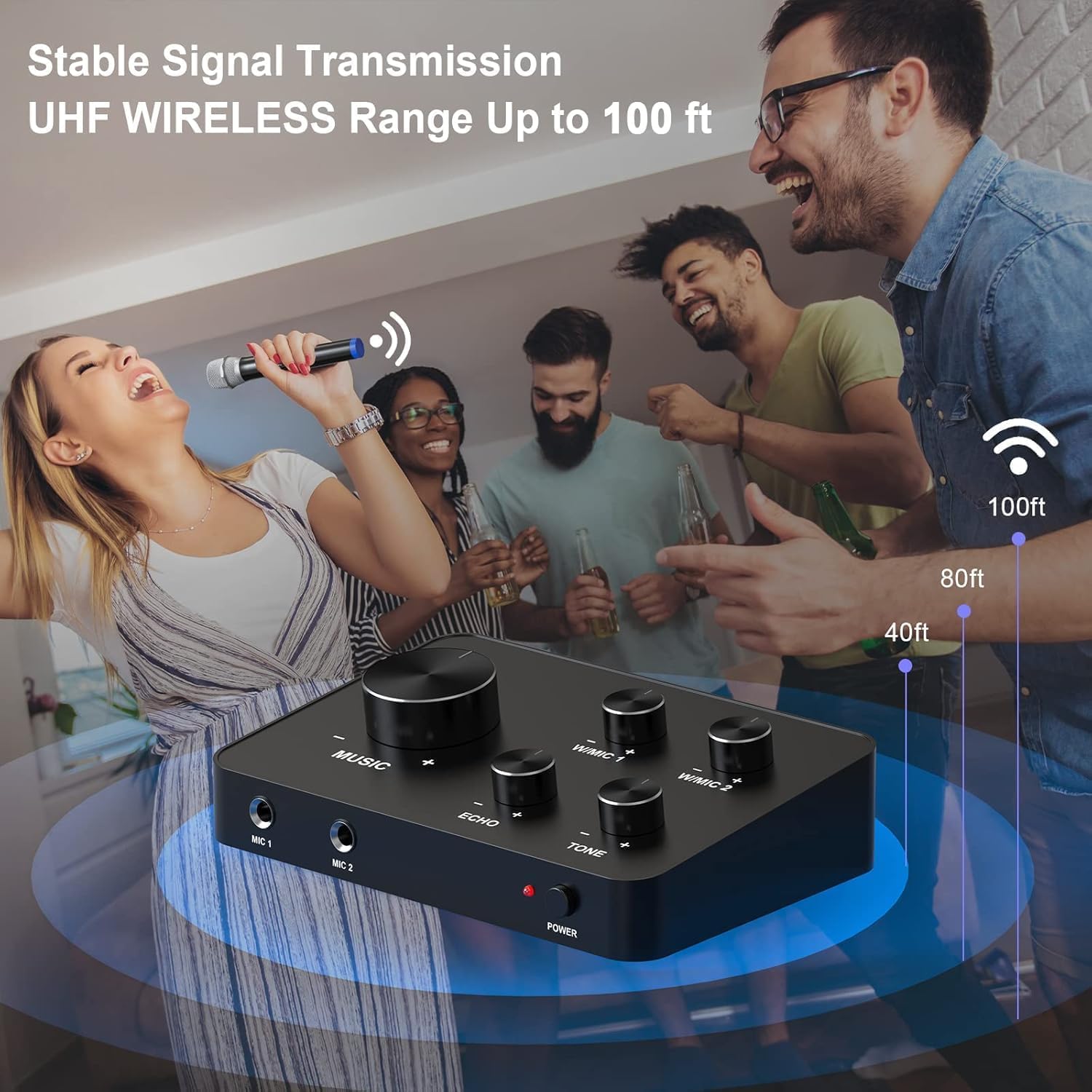 Karaoke Micro sans Fil UHF - Double Microphone avec 2 x 8 fréquences, portée de 100 m