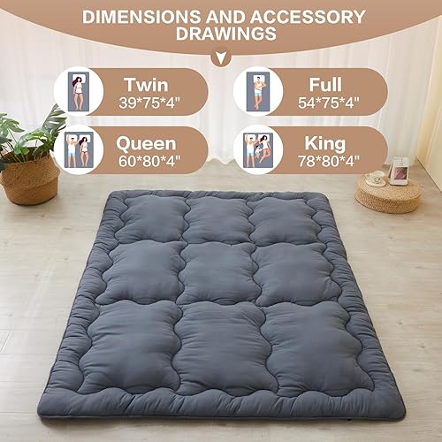Miniatura 8 de SAPHREAS Japanese Futon Mattress Floor Mattress, 4" Foldable Roll Up Bed Mattress Topper with Elastic Straps, Tatami Mat Sleeping Pad for Camping,