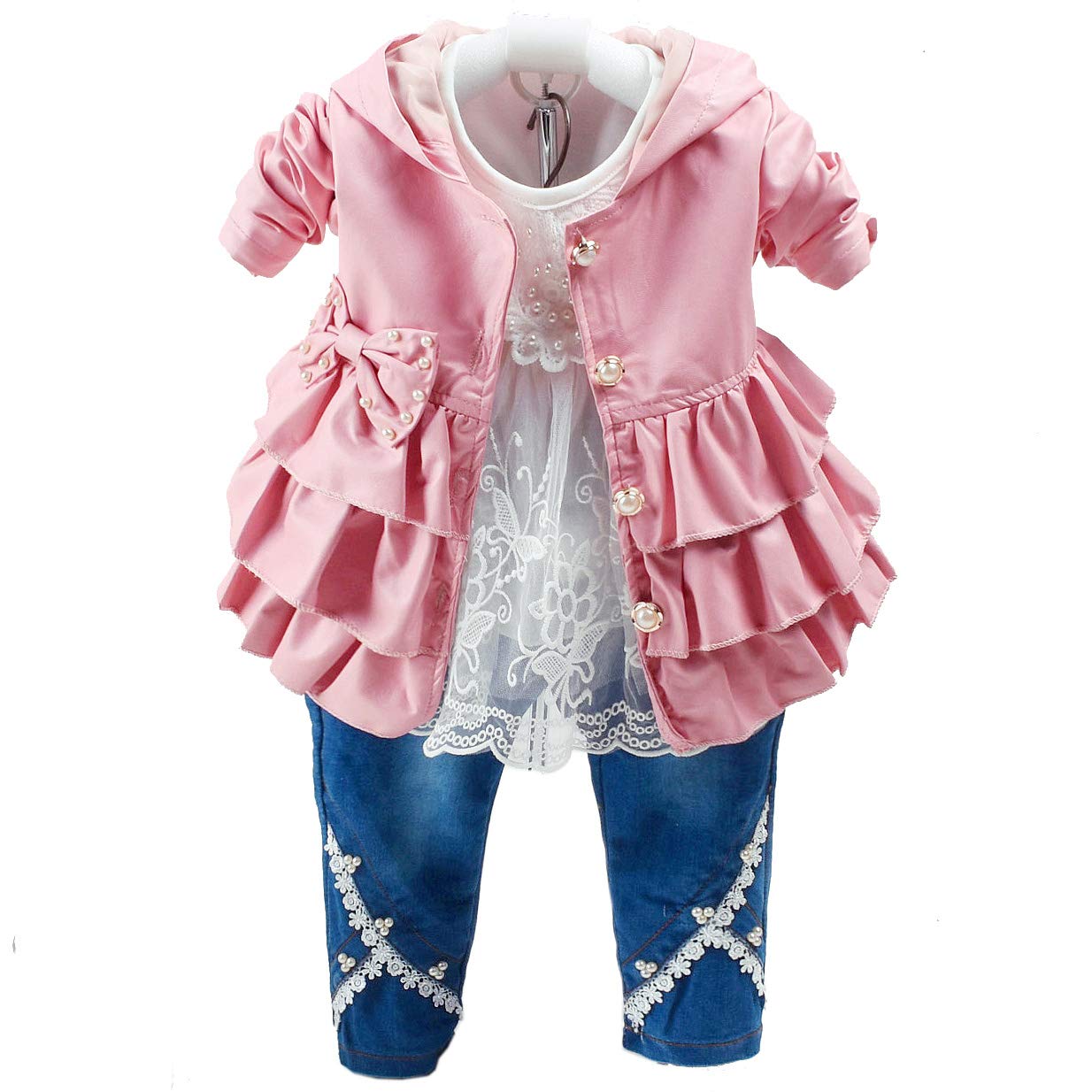 Peacolate Printemps automne bébé filles ensemble de vêtements 3 pièces T-Shirt à manches longues en cuir Falbala veste et jean