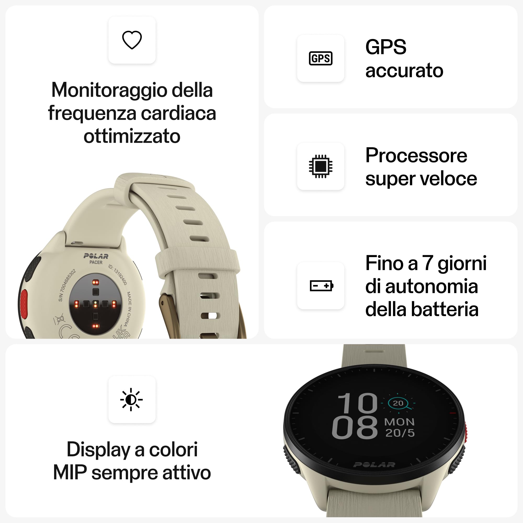 Polar Pacer - Running Watch con GPS - Processore ad Alta velocità - Leggero con Pulsanti Antiscivolo - Funzionalità di Allenamento e Recupero - Cardiofrequenzimetro - Controlli Musica, Bianco