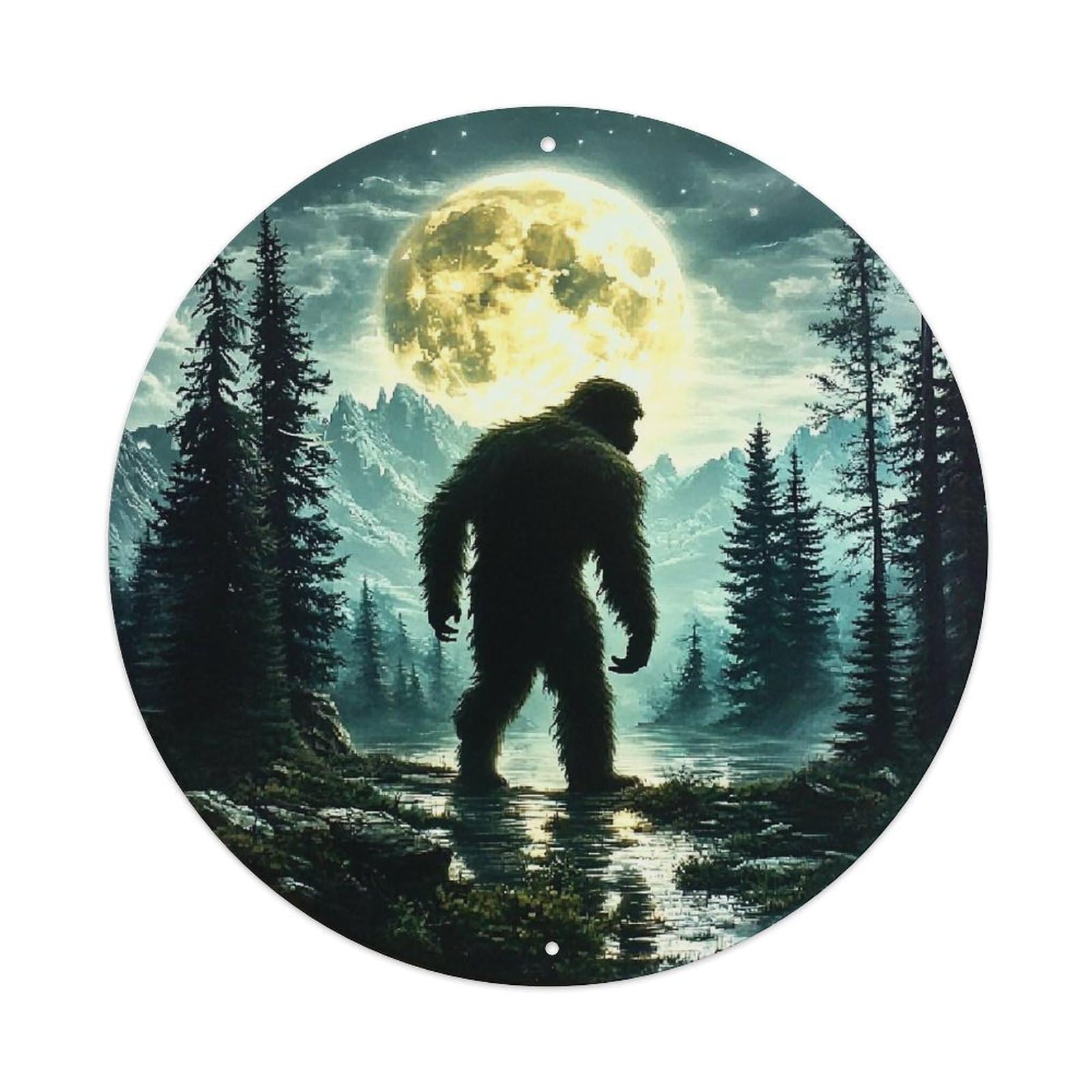 Moonlit Forest Sasquatch Silhouette Retro Metal Sign Round Tin Sign, Vintage Decor Art Poster for Bar, Home, Man Cave, Kitchen, Laundry Room Gift 8x8Inch