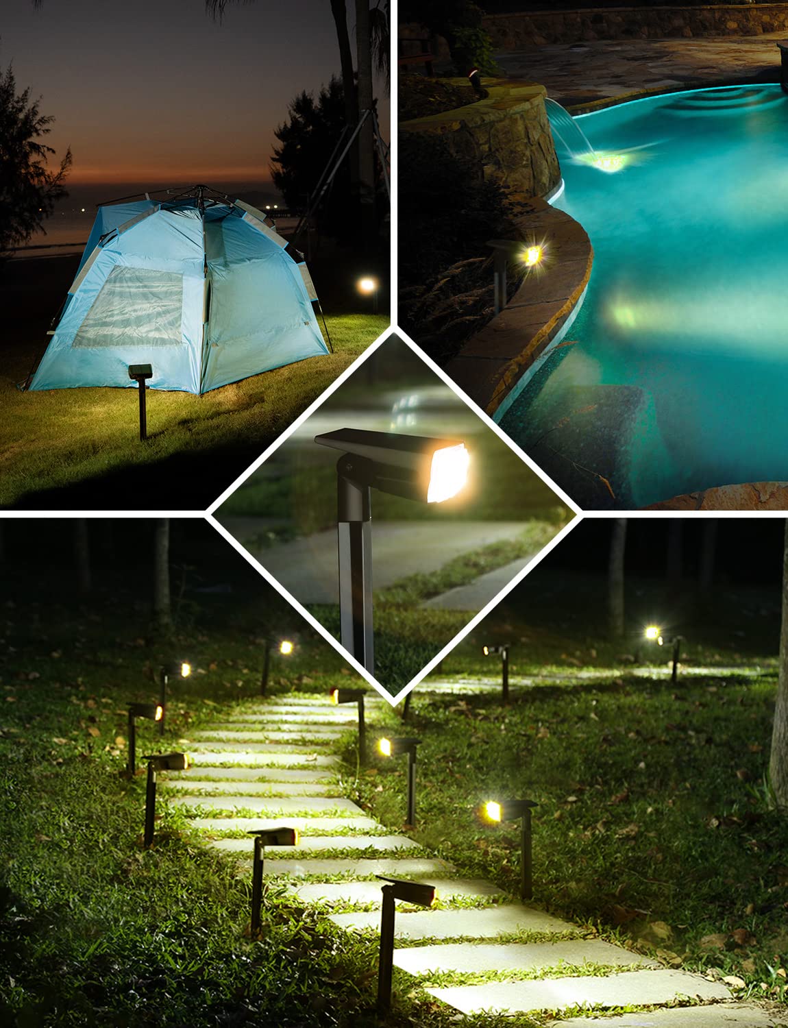 Luces Solares Led Exterior Jardin, 36 LED Focos Led Exterior Solares, Impermeable IP67 Lámparas Solares para Jardín, Patio, Calzada, Piscina y Camping - Blanco Cálido (4 Piezas)