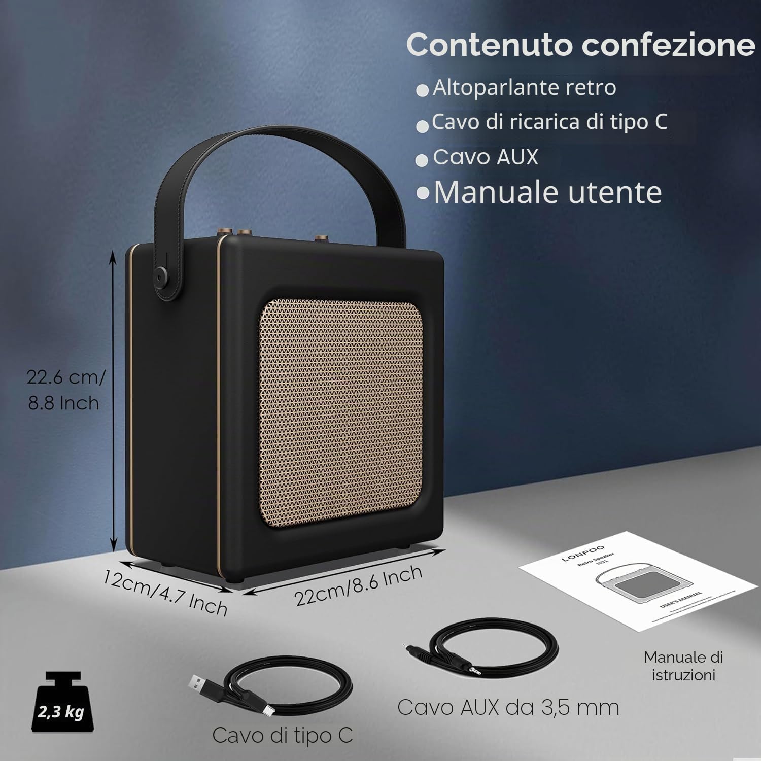 LONPOO Stereo Altoparlante Bluetooth retrò effetto pelle con batteria, altoparlante portatile da 20 W con riproduzione USB, Aux-IN, connettore microfono da 6,5 mm, ricarica di tipo C, nero