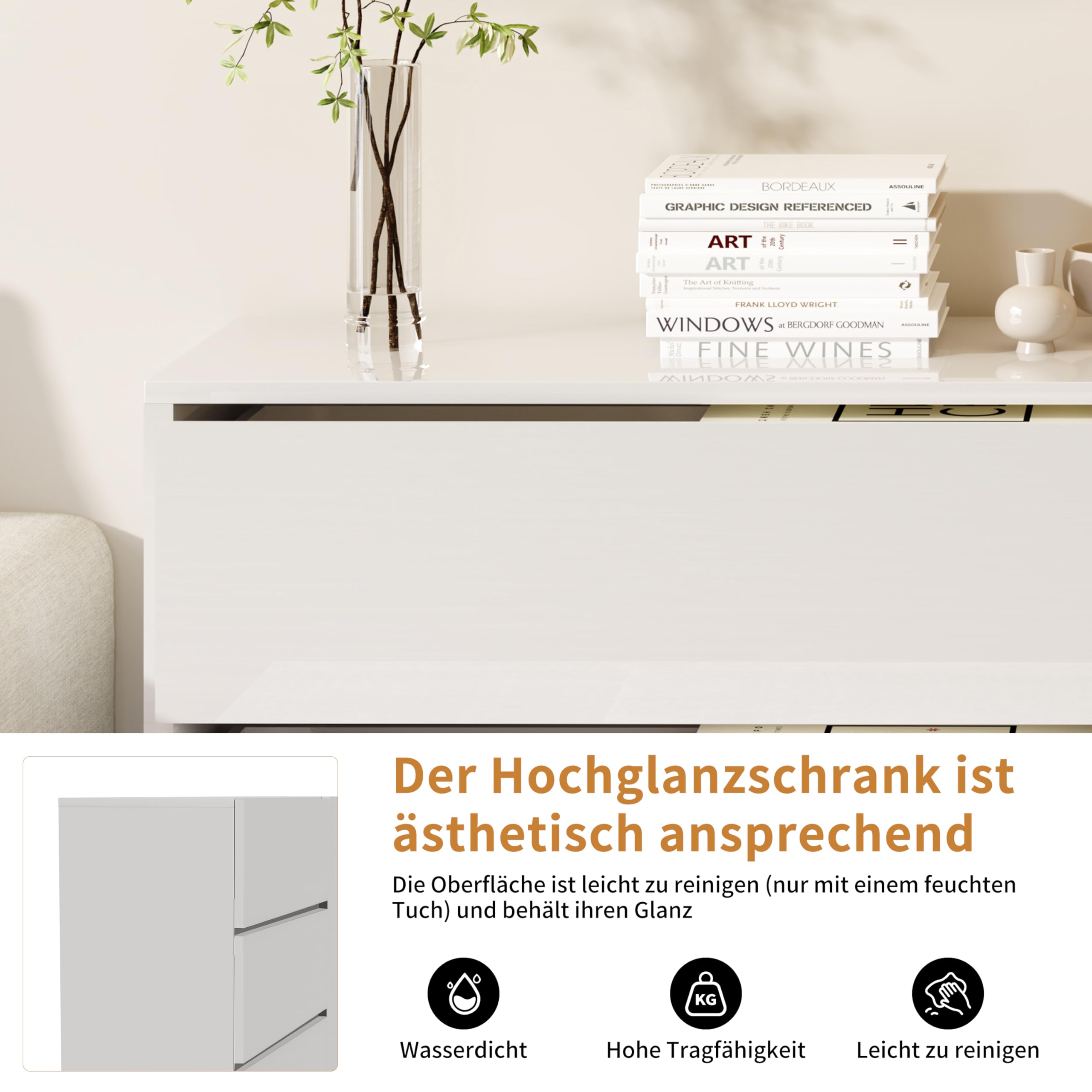 DULRLLY Kommode Weiß Hochglanz mit LED Beleuchtung, Sideboard Weiss Hochglanz 160cm mit 2 Türen und 3 Schubladen, Küchenschrank Buffets Anrichte, Buffetschrank Modern für Schlafzimmer Esszimmer Flur