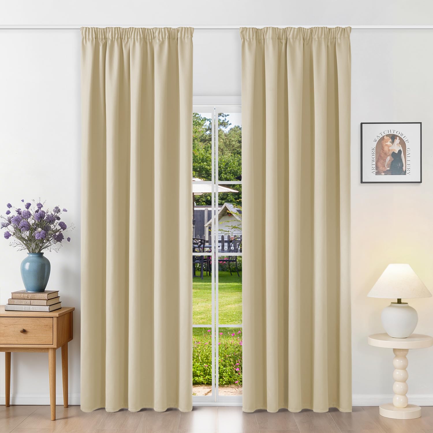 Runyéla Pencil Pleat Blackout Curtains for Bedroom Thermal Curtain 66 x 90 Inch Drop Living Room Kitchen 2 Panels Beige
