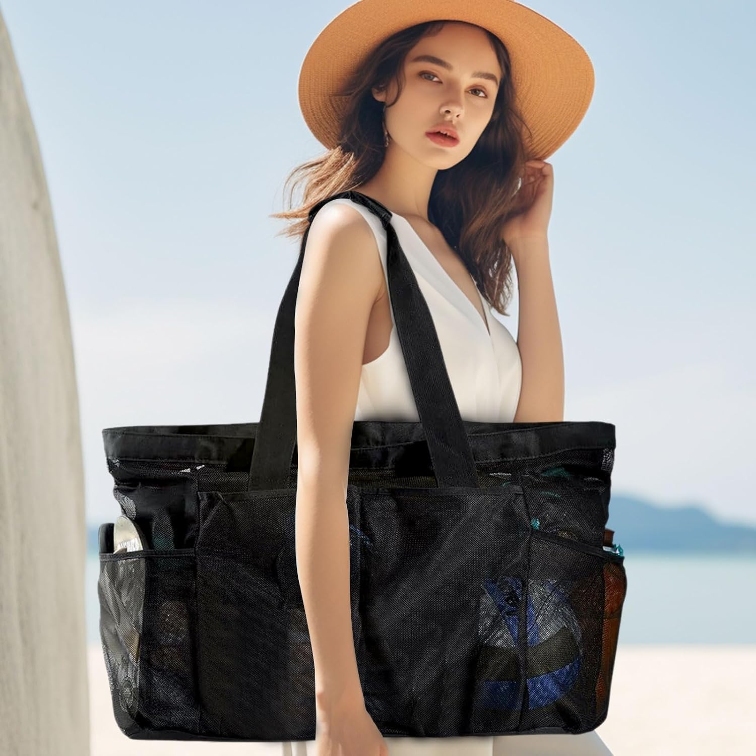 Mesh Beach Bag, Extra Large Beach Tote Bag Foldable Pool Bag with Zipper Pocket for Family Vacation Essentials