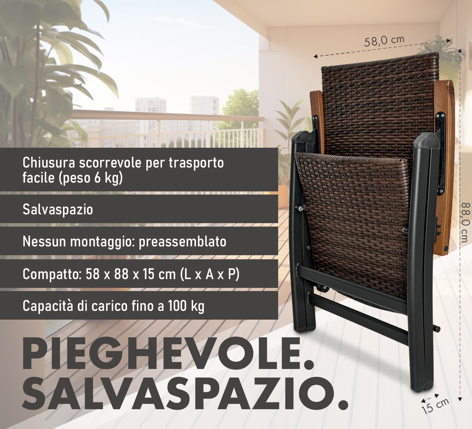 Brubaker Modena Sedia da Giardino in Poli Rattan - Sedie con Schienale Alto Pieghevole - Schienale Regolabile in 7 Posizioni - Metallo - Resistente alle Intemperie - Marrone/Grigio
