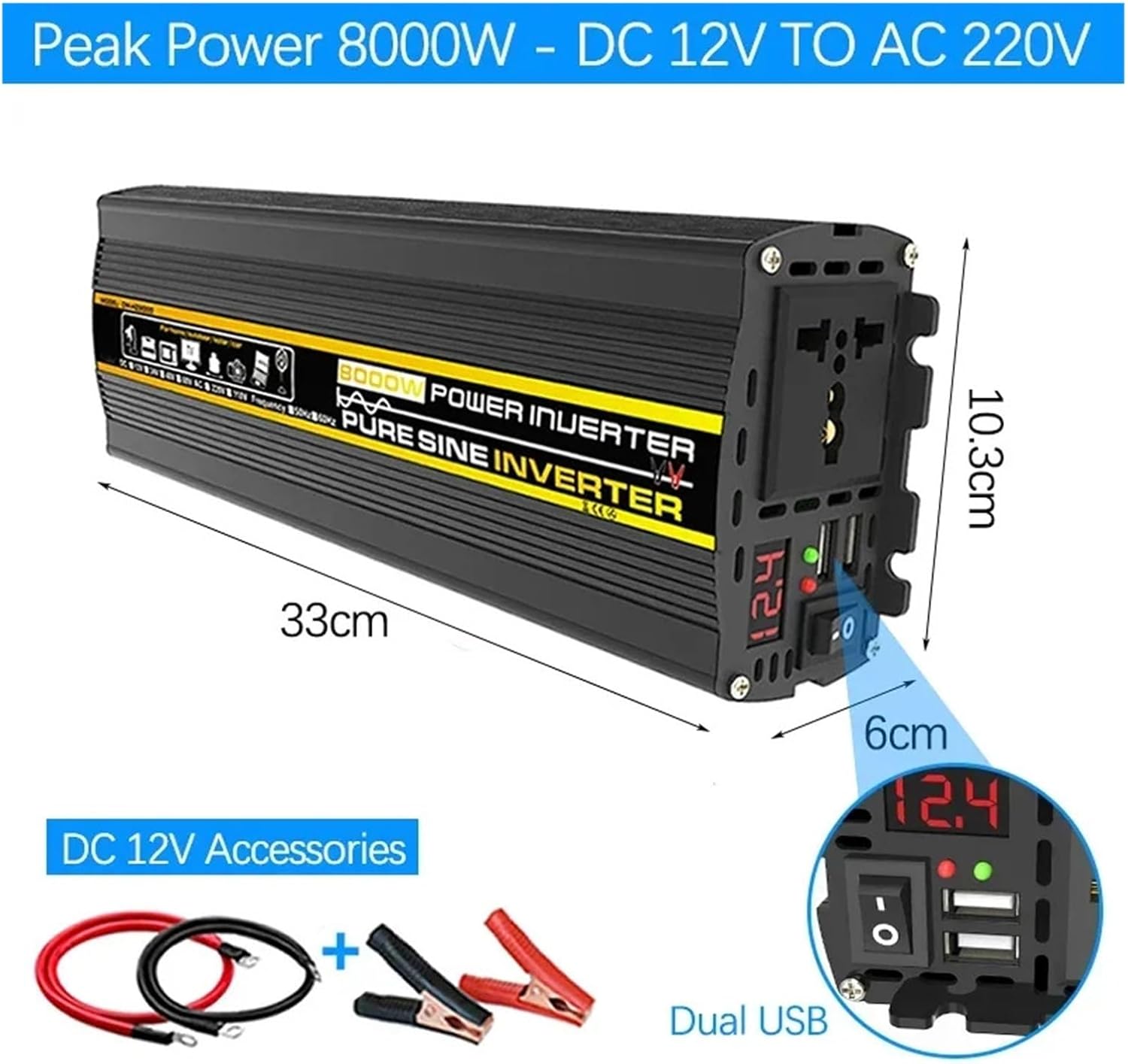 Inverter with Dual USB Charger 8000W 6000W 4000W 3000W DC 12V to AC 220V Voltage Converter Transformer(Peak Power 8000W,60hz 12V to 220V)