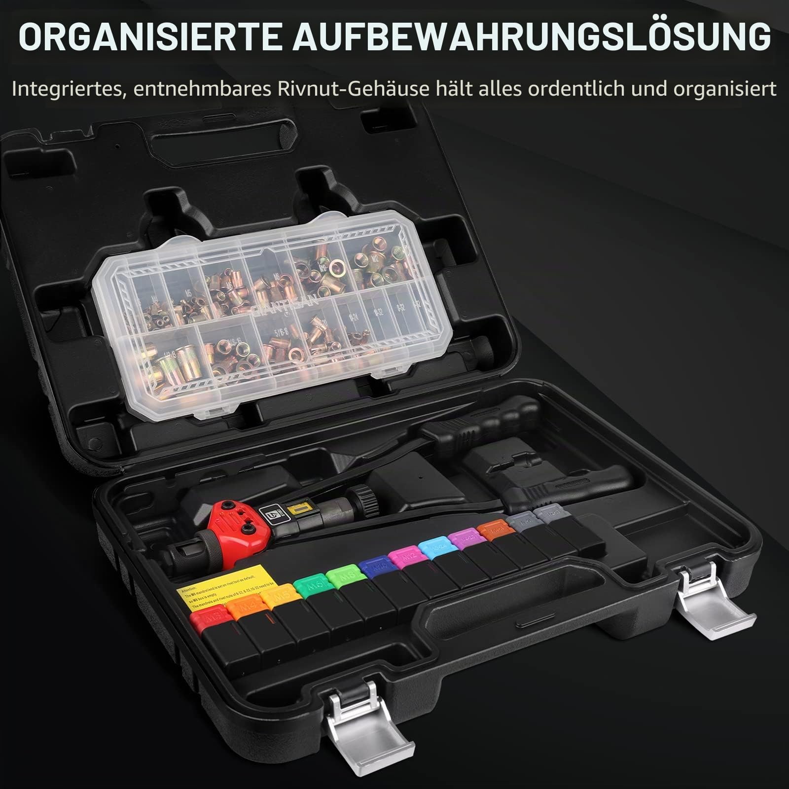 Nietmuttern-Werkzeug, GIANTISAN 40,6 cm Nietmutter-Werkzeug-Set mit 12 metrischen und SAE-Dornen, 176-teiliges Nietmutter-Sortimentskit und robuster Tragetasche