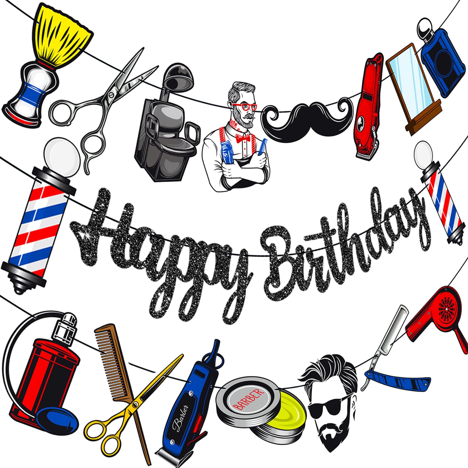 Barber Banners 3Pcs Hairdresser Party Decorations Glitter Black Barbershop Happy Birthday Banner Hairstylist Party Supplies for Barber Lovers Decor