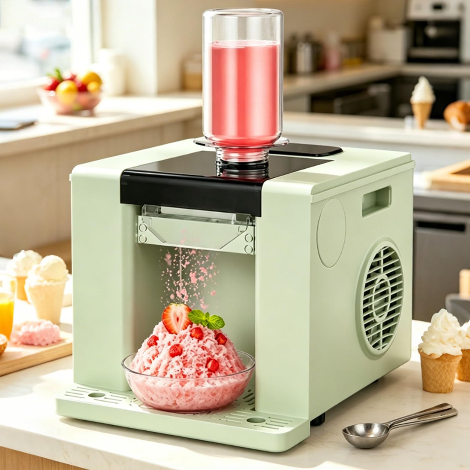 Máquina Comercial de Hielo en Copos de Nieve, con Auto Clean y Pantalla táctil Inteligente, for Preparar granizados, cucuruchos, Batidos y Otras deliciosas Bebidas frías | Green
