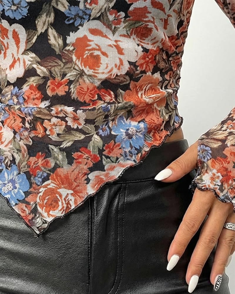 CHICME Womens Floral Mesh Long Sleeve Tops Off Shoulder See Through Fitted Asymmetrical Sexy Sheer Going Out Blouses - Image 5