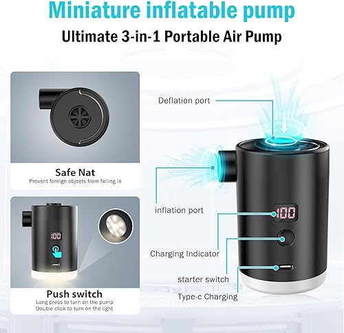 Miniatura 2 de Bomba de aire portátil para inflables, mini bomba de colchón de aire con pantalla LED de luz de campamento, bomba de aire recargable USB para