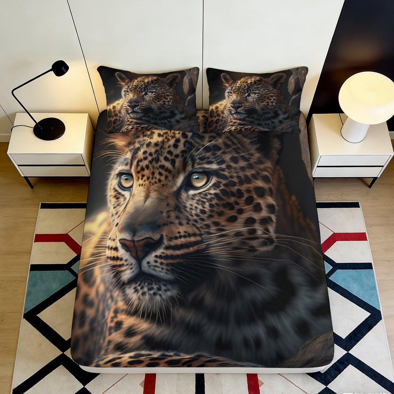 3D Printed Leopard Pattern Fitted Sheet Microfiber Soft Breathable Big Cat Bed Cover for Bedroom Dormitory Guest Room Mattress Protection Decor 160x200x25cm