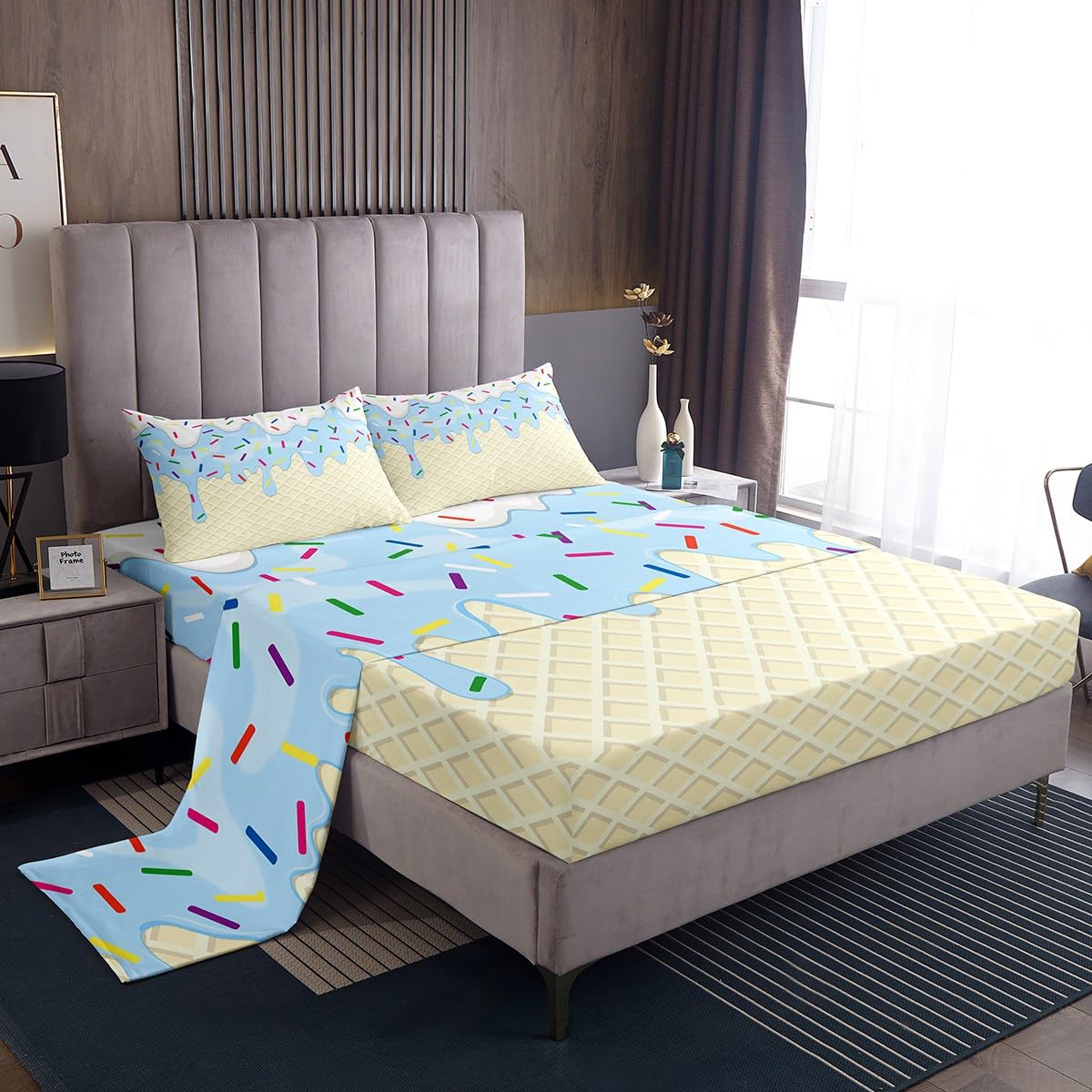 Homewish Colorful Candy Bed Sheet Queen Set Blue White Ice Cream Sheets Sets Adults Bedroom Decor Popsicle Microfiber Bedding Set with Flat,Fitted