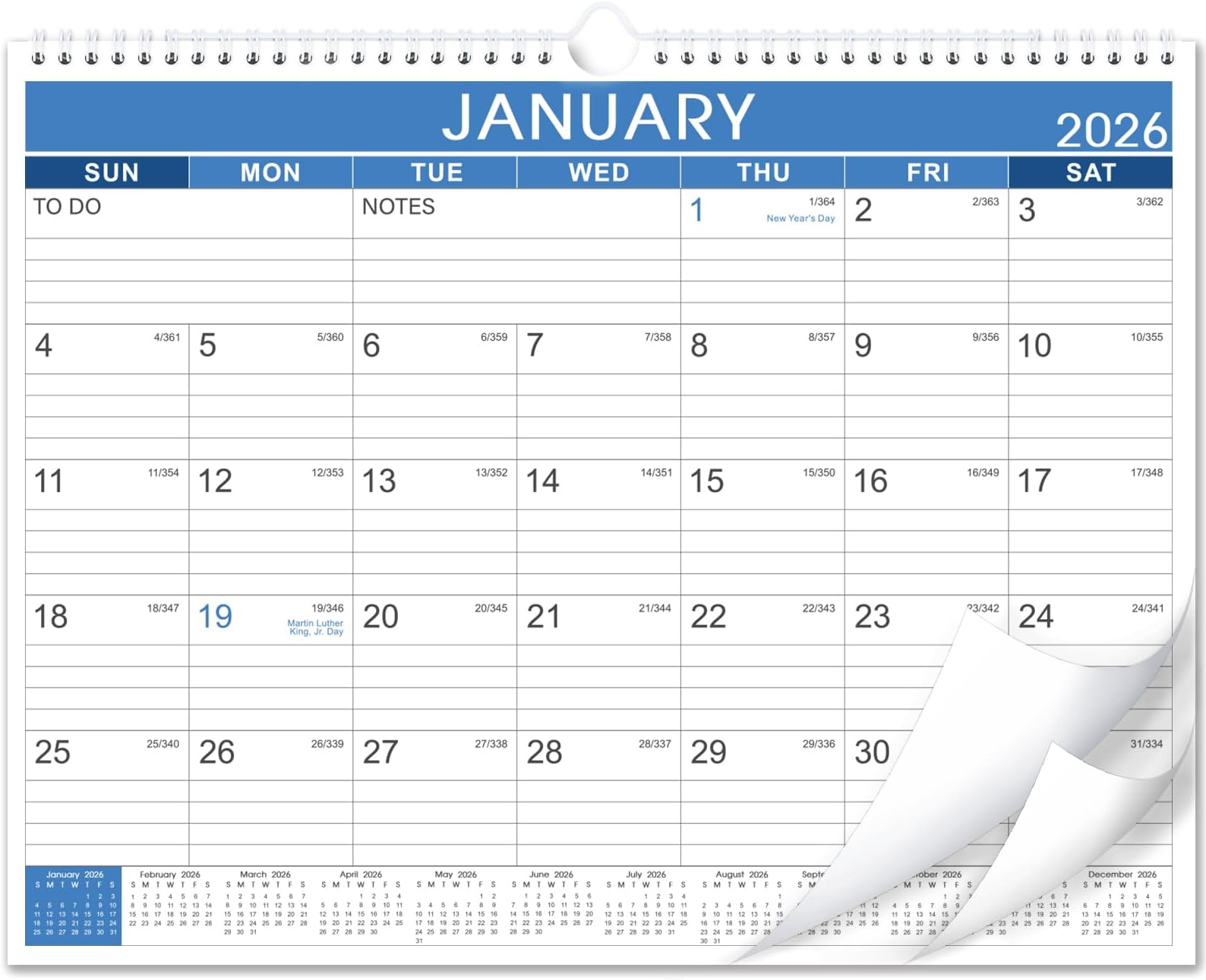 2026 Calendar - 2026 Wall Calendar, JAN 2026 - DEC 2026, 12 Monthly Wall Calendar 2026 with Thick Paper, 14.8" x 11.5", Twin-Wire Binding + Hanging Hook + Ruled Blocks with Julian Date - Blue