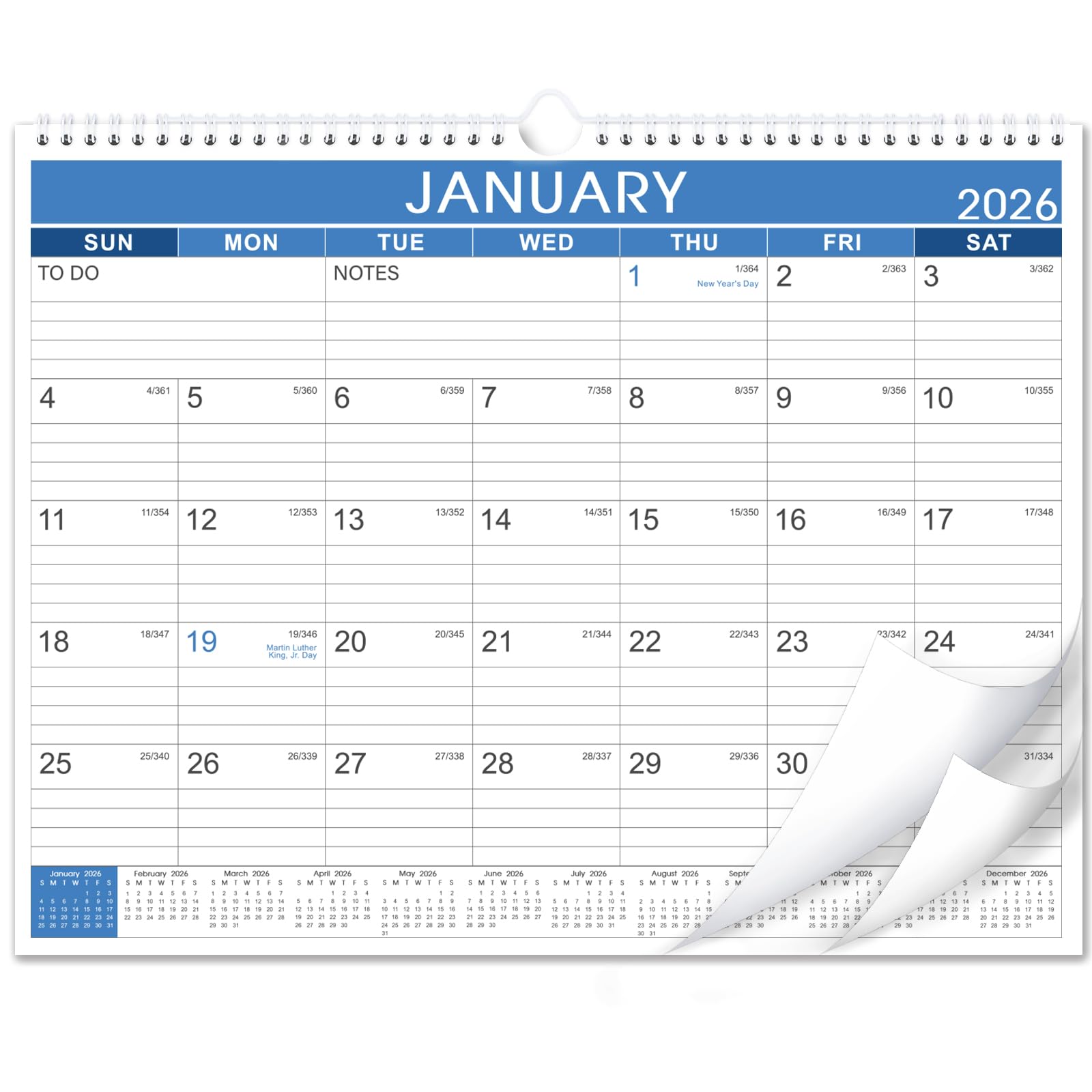 2026 Calendar - 2026 Wall Calendar, JAN 2026 - DEC 2026, 12 Monthly Wall Calendar 2026 with Thick Paper, 14.8" x 11.5", Twin-Wire Binding + Hanging Hook + Ruled Blocks with Julian Date - Blue