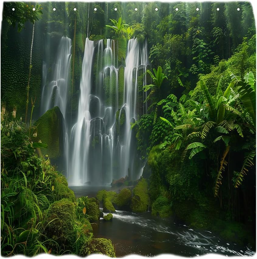 Tropical Rainforest Shower Curtain Waterfall Scenic Green Forest Plant Botanical Jungle Nature Scenic Bathroom Decor Fabric Curtain with Hooks
