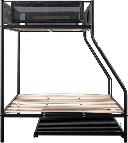 Miniatura 8 de Litera individual sobre tamaño matrimonial con marco de litera de metal nido con listones de madera y barandilla de textileno