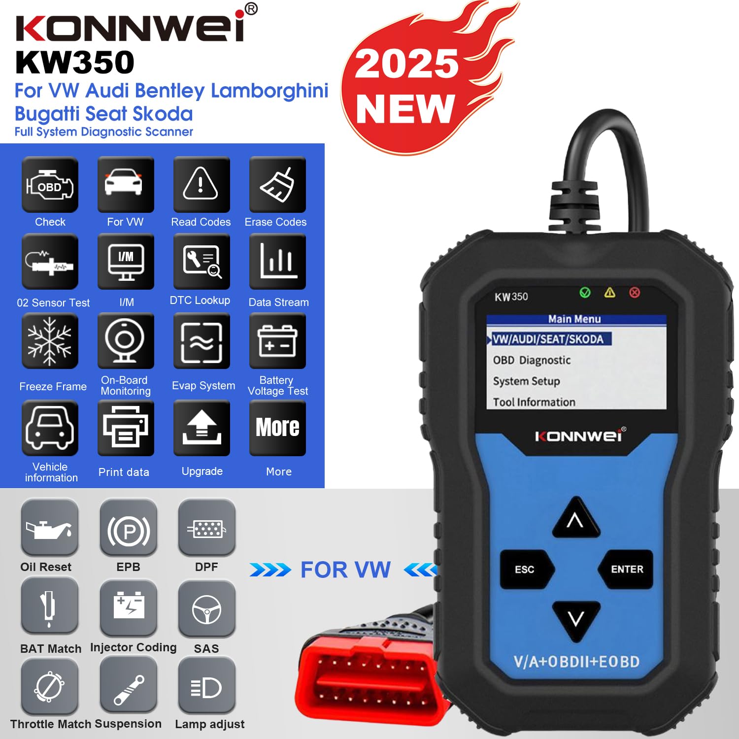 KONNWEI KW350 OBD2 Diagnosegerät fürs Auto, Profi KFZ Scanner für alle Fahrzeugsysteme, Fehlercodes lesen & löschen, OBDII/EOBD, Öl-Reset, EPB, Batterie, Drosselklappe, für VW Audi Skoda Seat