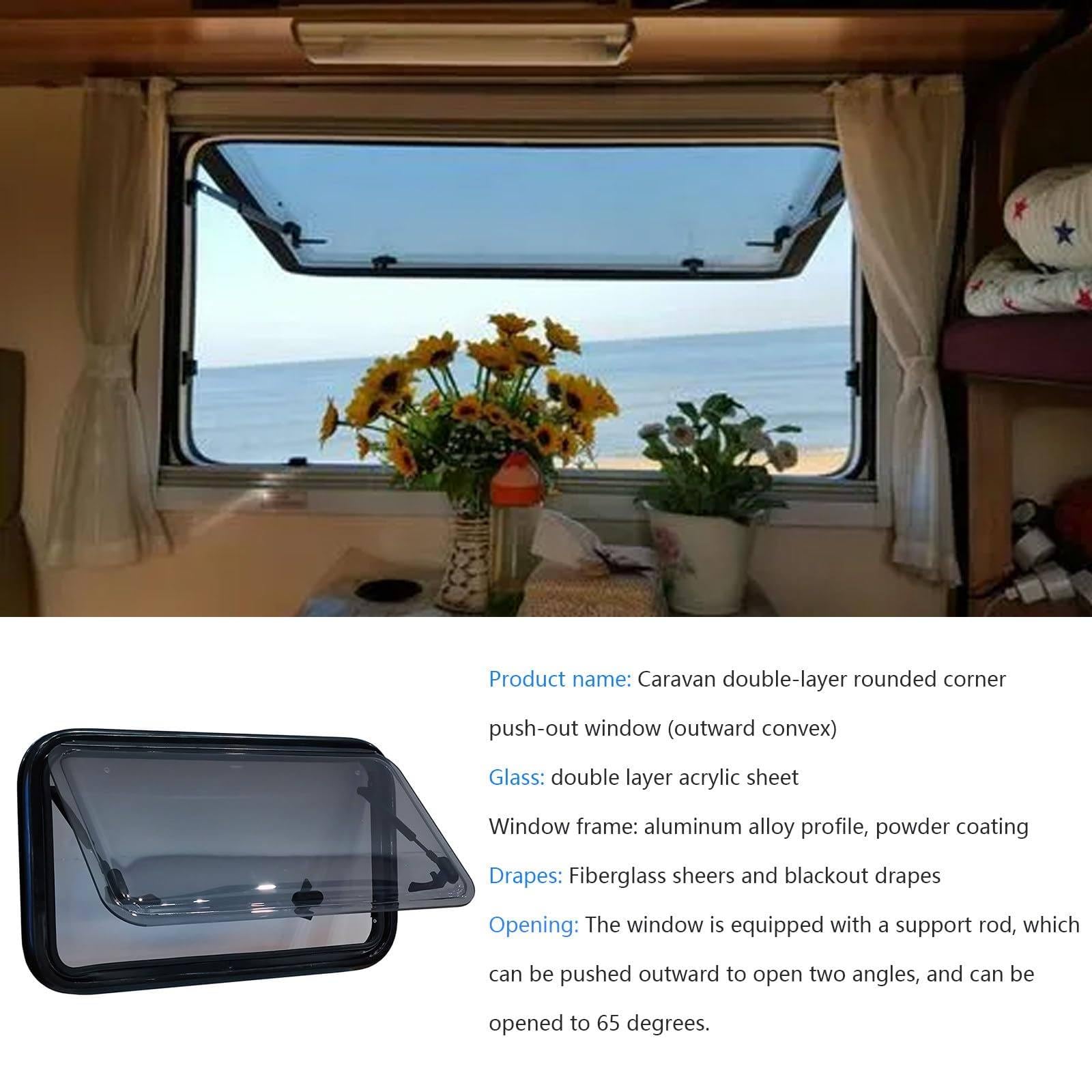 Ventana Empuje para RV, Vidrio Acrílico Redondeado de Doble Capa a Prueba de UV con Cortina de Privacidad para Caravana Camper, Apta para Puerta de Pared de Camper de 1.18-3.15 '',1300x550mm