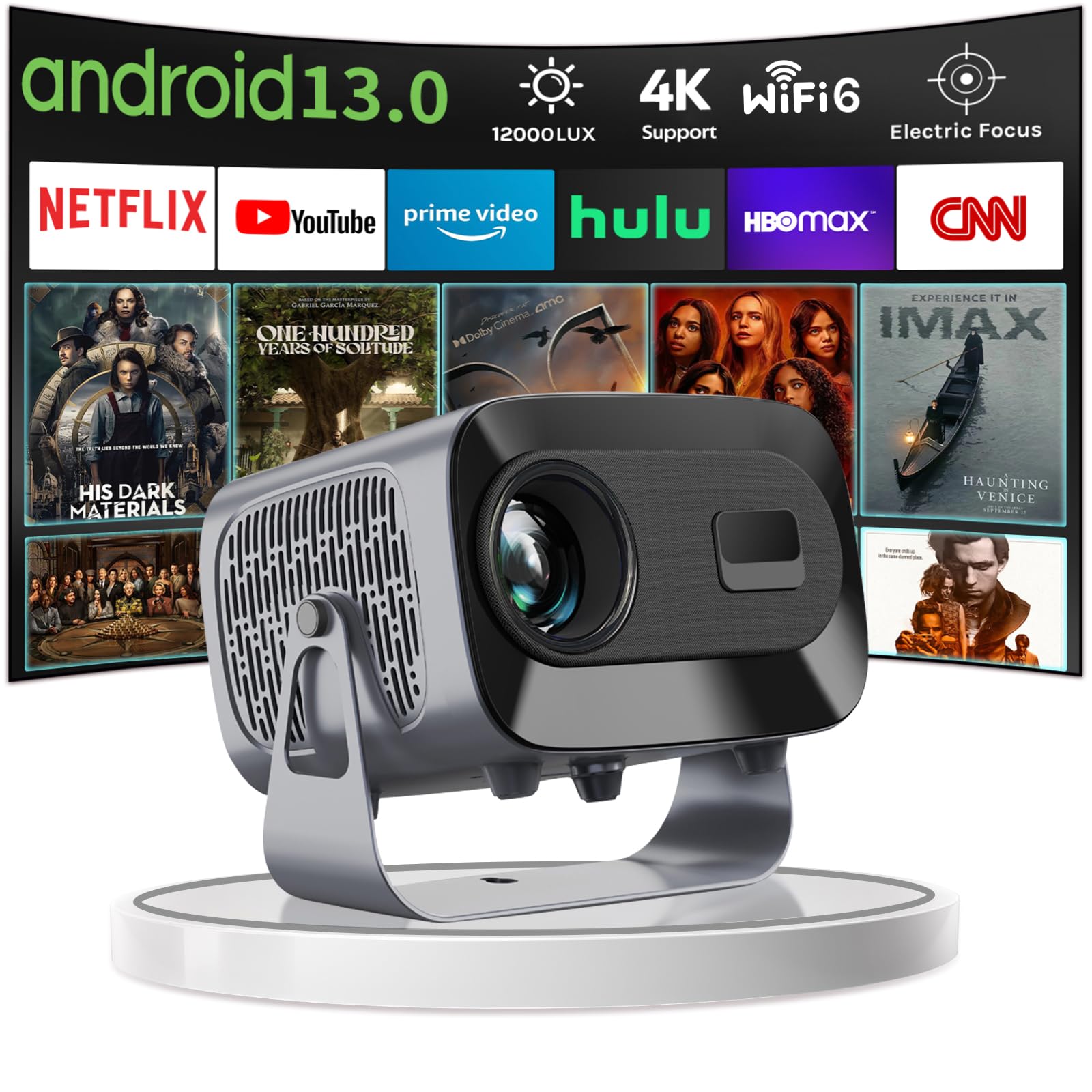 WTONISY Mini proiettore 360 ° rotante supporto 1080P Android13.0 proiettore montato a parete con altoparlante, Netflix, messa a fuoco automatica 2+16GB Auto Keystone con TV box uso domestico