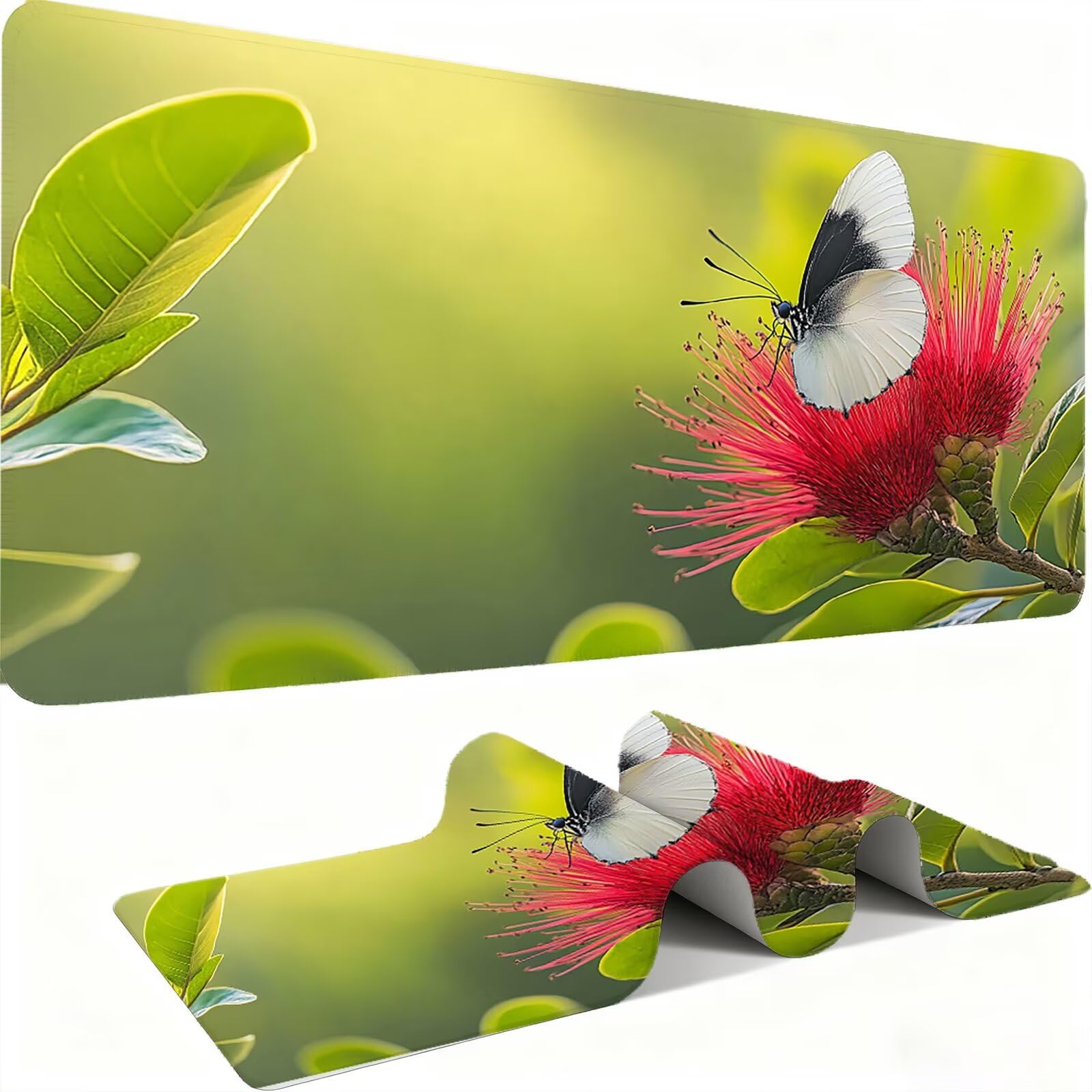 Podkładka pod mysz w motyle/kwiat XXL 1200 x 600 mm duża podkładka pod mysz szyte krawędzie wodoodporna antypoślizgowa duże rozszerzone akcesoria biurowe do PC, przenośna poprawia dokładność i
