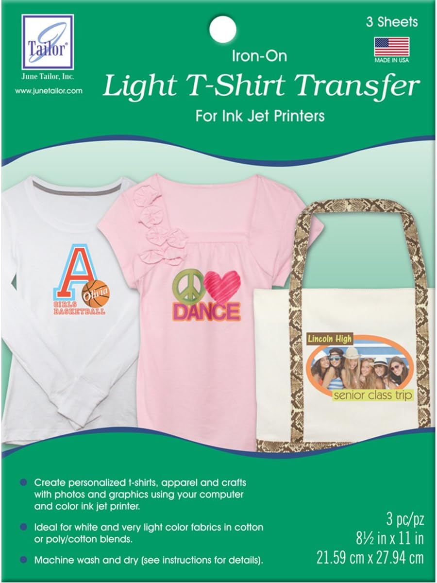 June TailorJune Tailor Light T-Shirt Iron-On Ink Jet Transfer Sheets 8.5"X11" 3/Pkg-