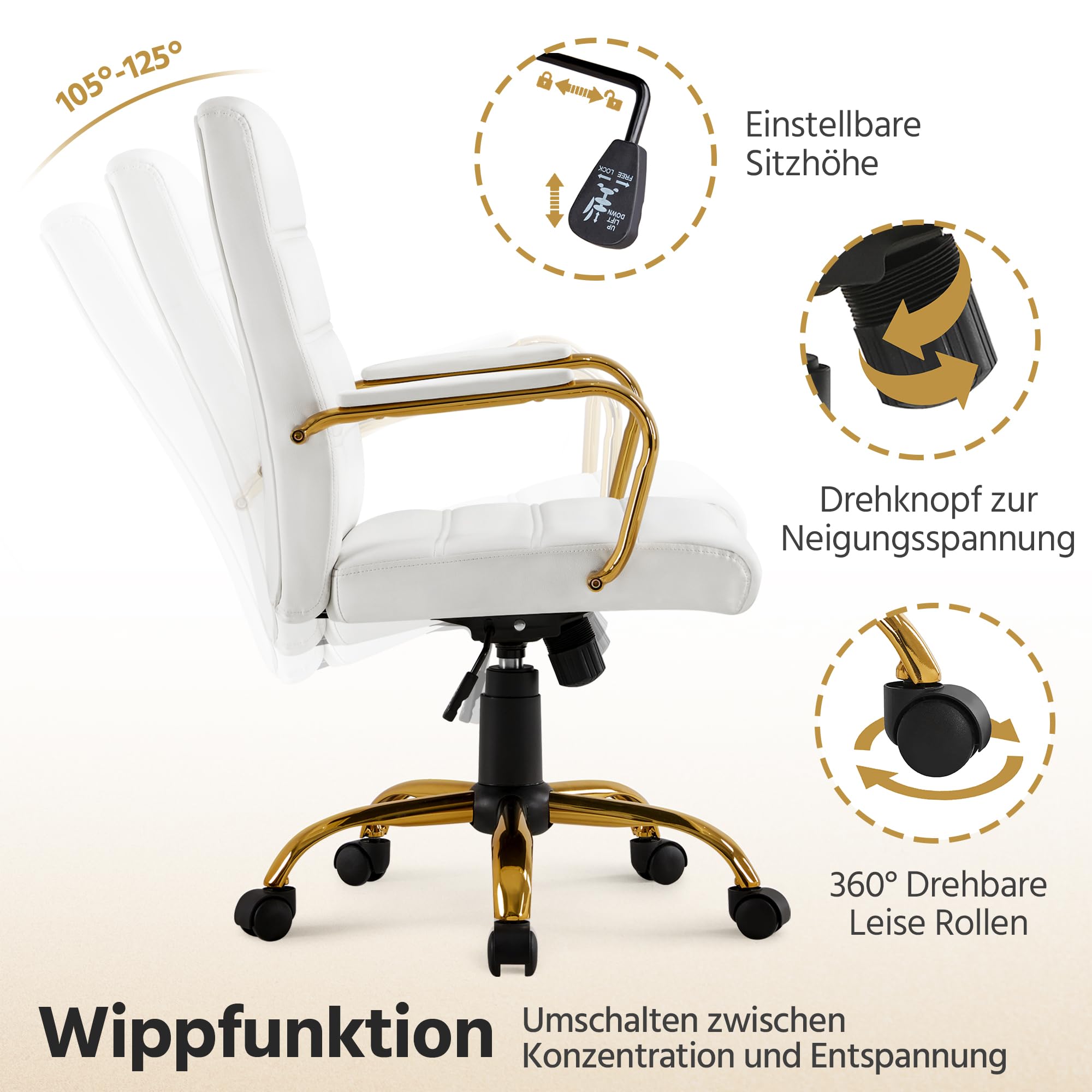 Yaheetech Schreitischstuhl Home-Office Stuhl mit Armlehnen Weiß/Golden | Ergonomisch Bürostuhl Drehstuhl mit Rollen Arbeitsstuhl mit Rückenlehne für Büro/ Arbeitszimmer