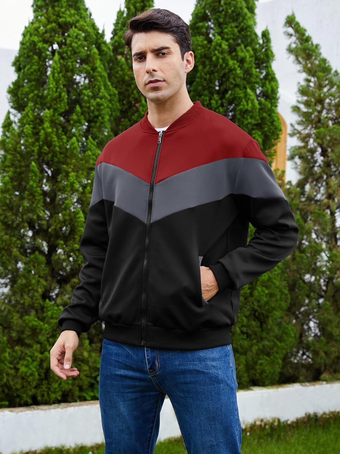 Arssm Mens Lightweight Jacket Color Block Bomber Jacket Patchwork Fall Zip Up Varsity Coat - Image 5