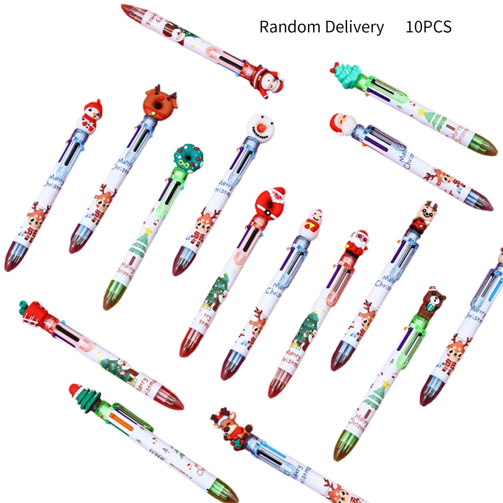 10Pcs Christmas Multicolored Ballpoint Pens 6-in-1 Retractable Ballpoint Pen Snowman Reindeer Christmas Tree Quick Dry Smooth Writing Pen — view 2