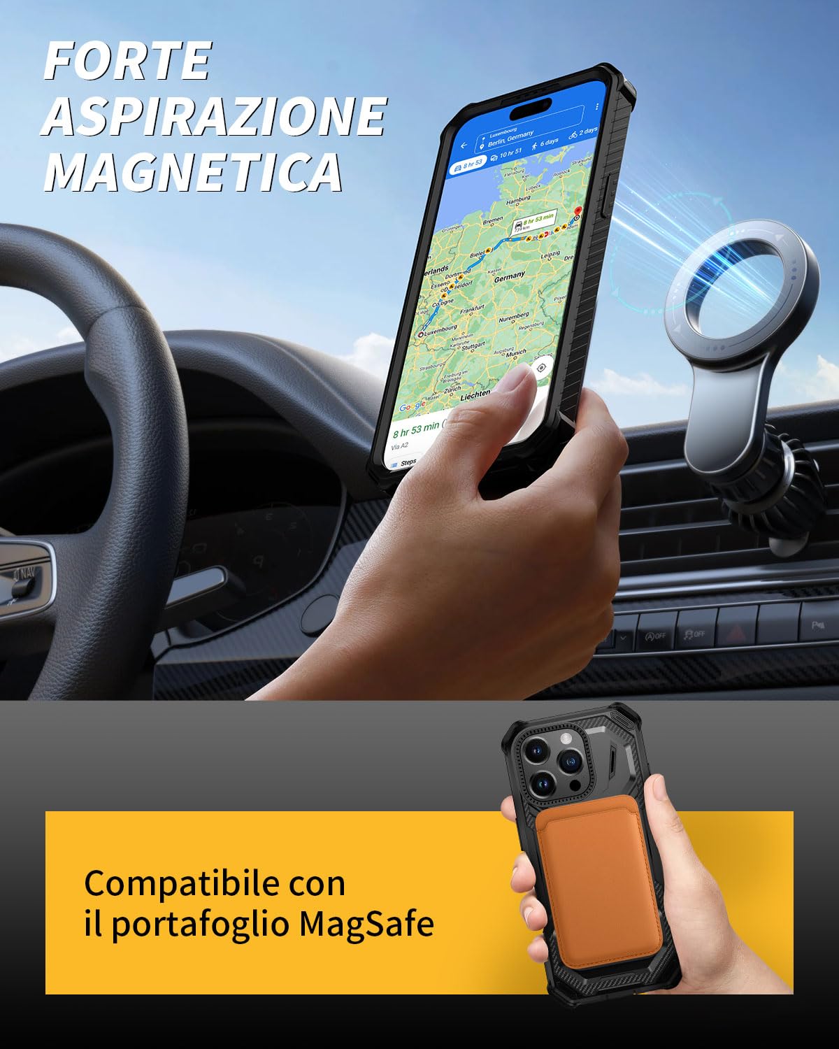 Lanhiem Cover per iPhone 16 PRO con 2 Pezzi Vetro Temperato, 14FT Antiurto Anticaduta Militare,Supporto Magnetico Anello a 360° Protezione Armor Protezione, Custodia per iPhone 16 PRO, Nero