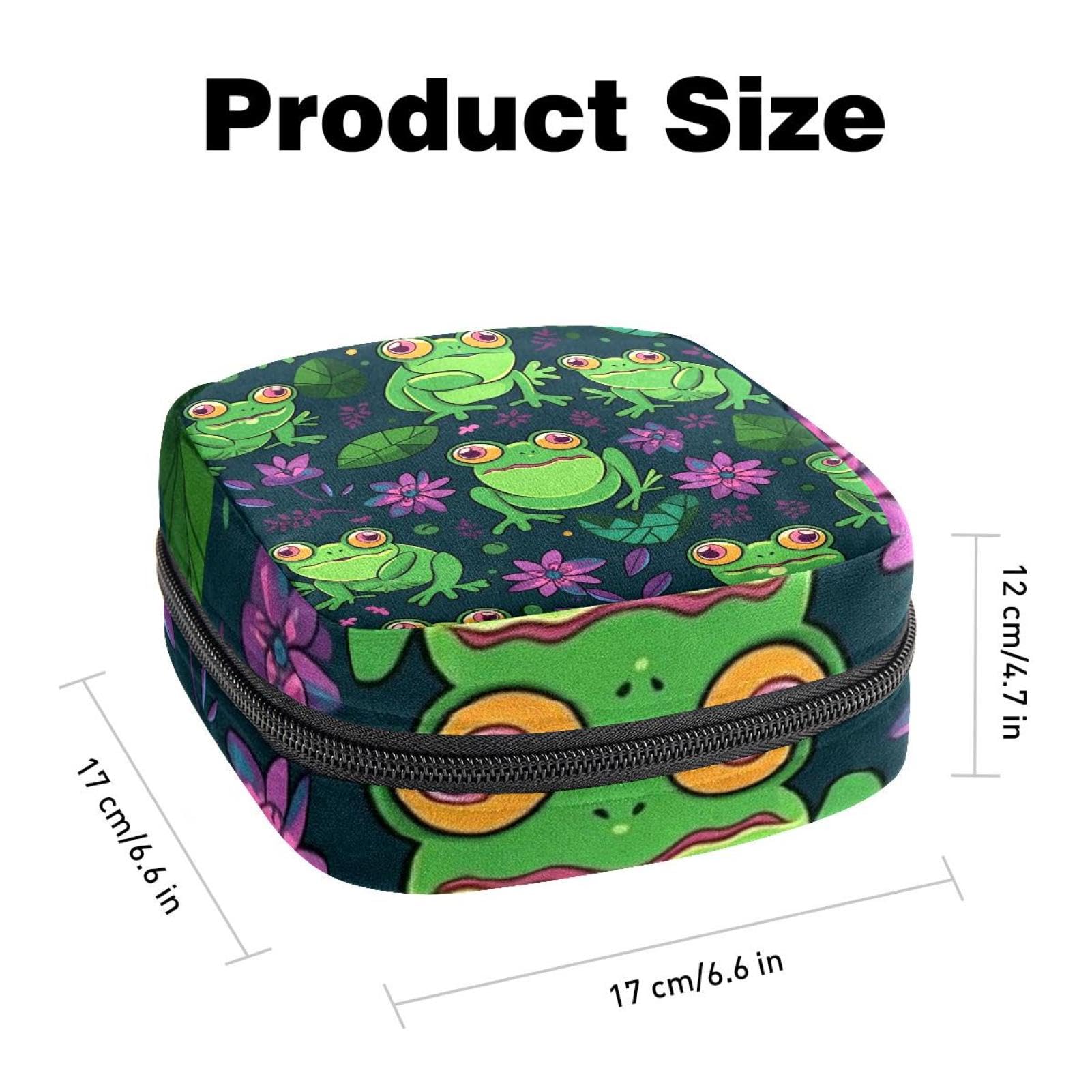 Portable Menstrual Pad Bags, Large Capacity Sanitary Napkin Storage Bag, First Period Kit for Girls Women, Zipper Nursing Pad Holder Funny Cartoon Frogs with Lotus