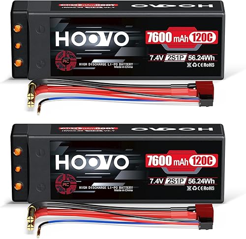 HOOVO Batería Lipo 7600mAh 2S 7.4V 120C RC Estuche rígido de 0.157 in Bullet con enchufe T para RC Drag Car RC Truck Boat DJI Heli Airplane RC