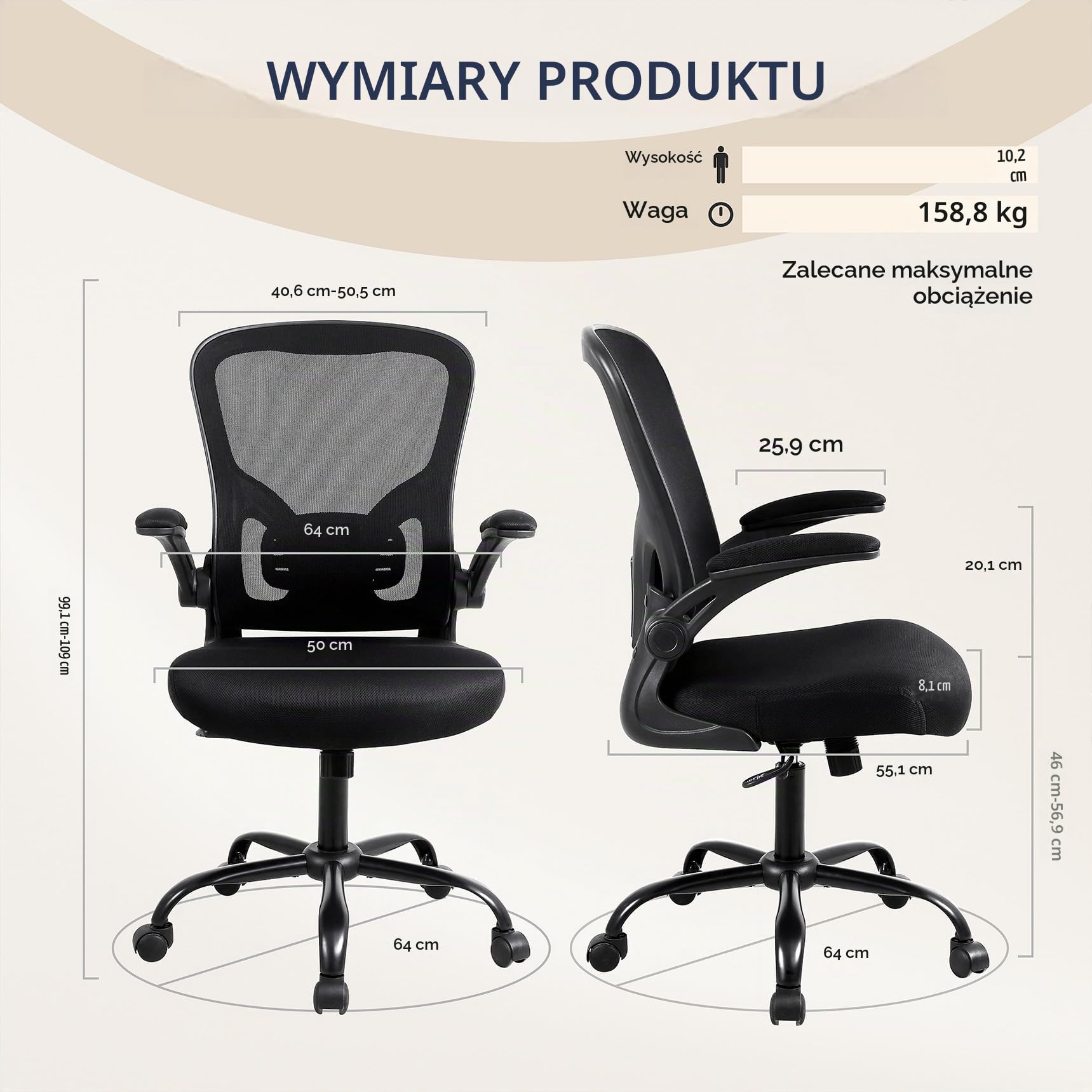 Youhauchair Krzesło biurowe, oddychające obrotowe krzesło biurowe, ergonomiczne krzesło biurowe, krzesło komputerowe z podnoszonymi podłokietnikami, czarne
