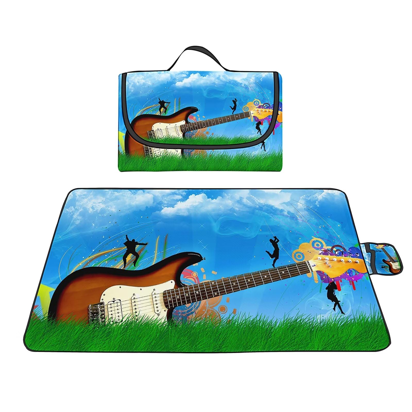 Manta de Picnic al Aire Libre, 200x300cm Alfombras de Playa, Mantas para pícnic Prueba Arena Plegable Portátil para Aire Libre Jardín Acampar Mantas Pícnic Guitarra Cielo Azul