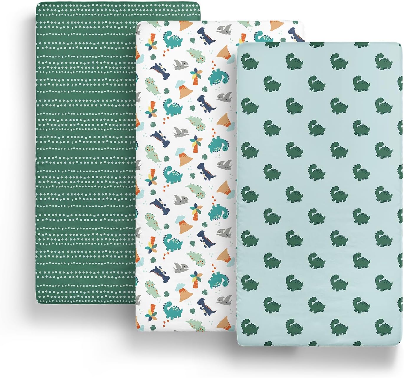 The Peanutshell 3-Pack Fitted Playard Sheets - Soft & Breathable Baby Boy Mini Crib Sheets, Pack N Play Mattress, Fits Standard Playard Pack Play Mattresses - Green Dino