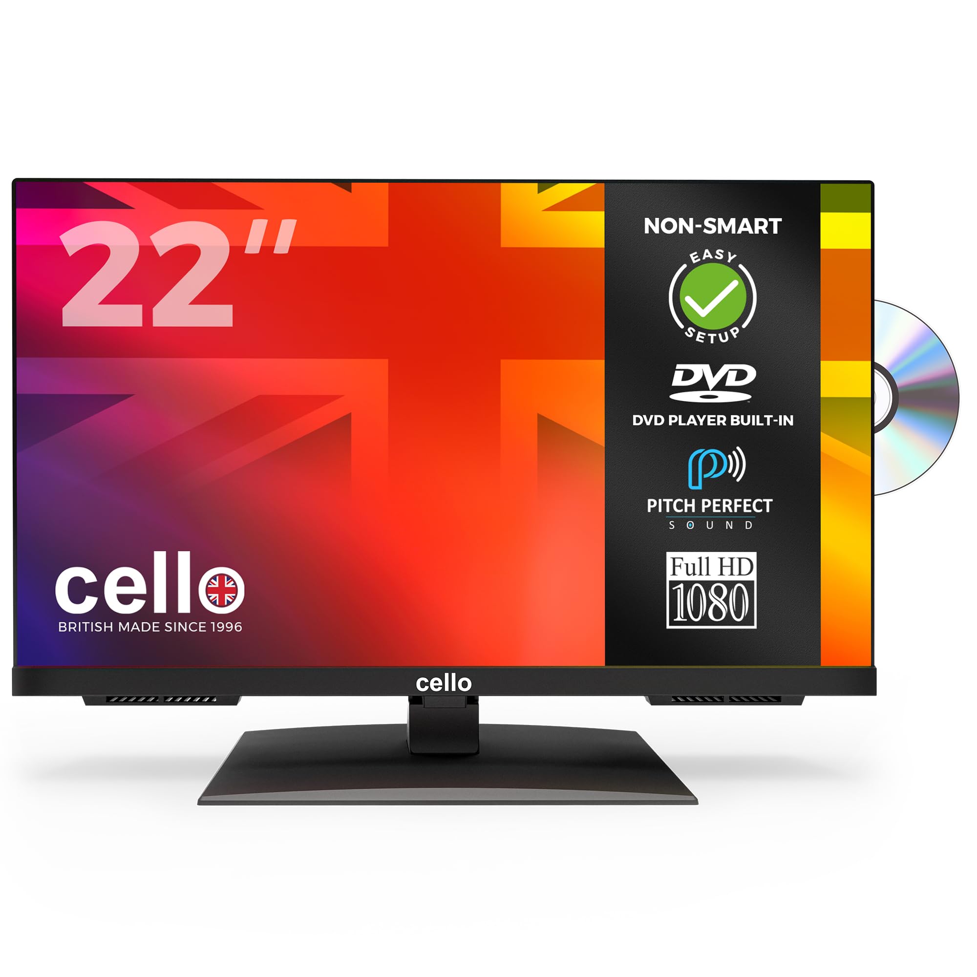 Cello C2224F 22 inch Full HD Frameless TV Built in DVD Freeview HD Built in Satellite Pitch Perfect Speakers HDMI and USB for live recording of digital TV and play media files. UK Made