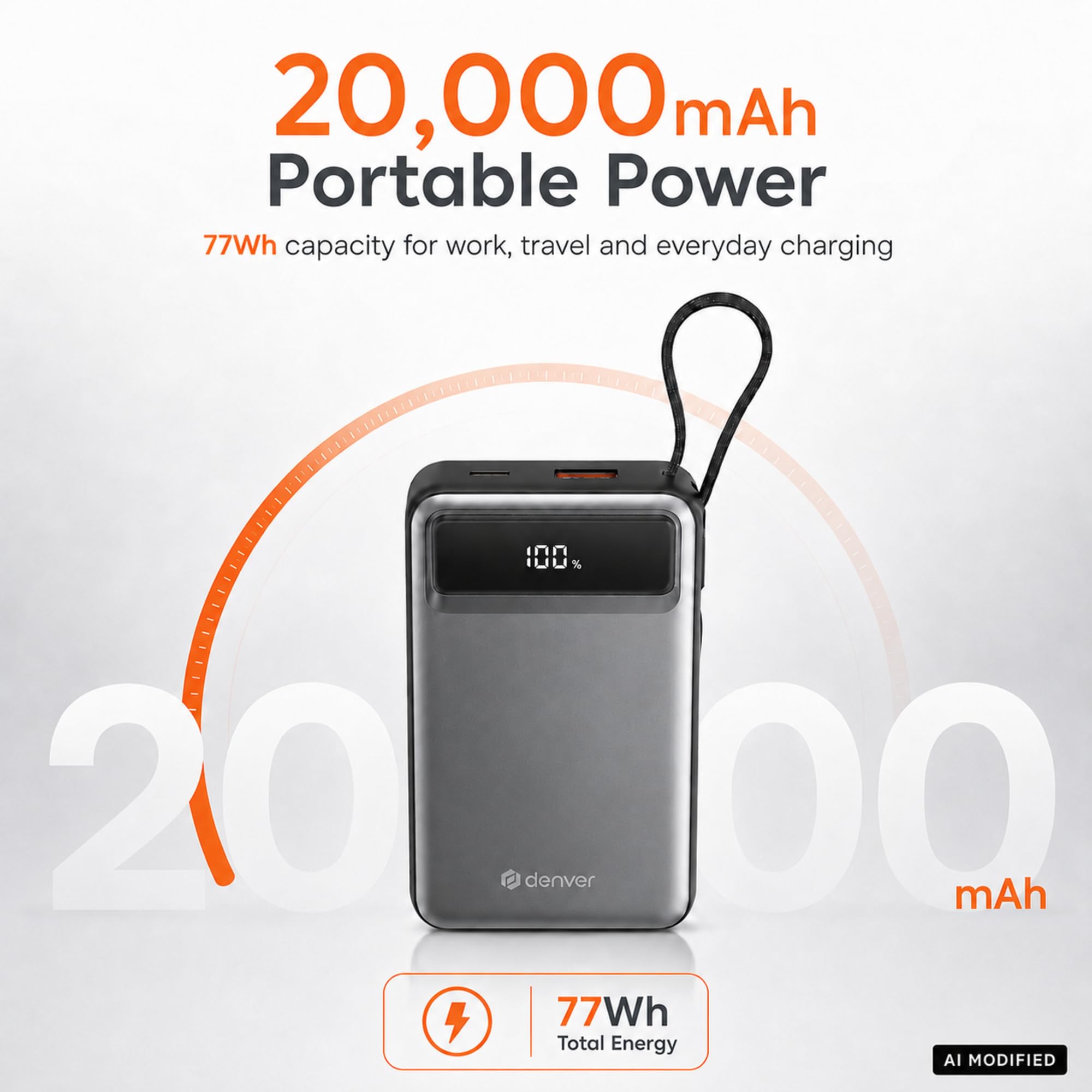 Denver Batería externa de 20.000 mAh, 65 W, carga rápida USB-C PD