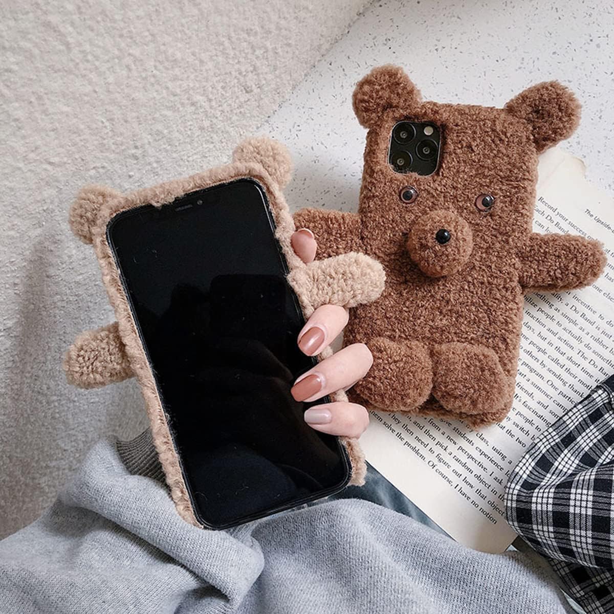 Plush Case for iPhone 15, Cute Fluffy Furry Bear Case with Soft TPU Inner Shell for Women Girls, Warm Plush Protective Case Shockproof Anti-Drop Phone Cover for Beige iPhone 15
