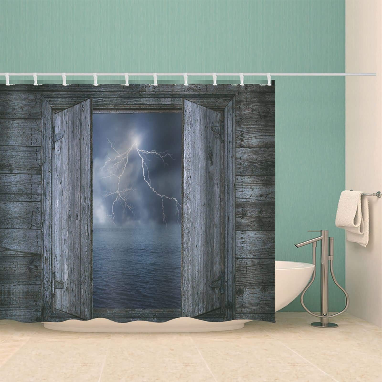 AMDXD - Tenda da doccia in poliestere, tenda da bagno in legno, porta fulmine, con 12 anelli per tende (scura, nero, 180 x 180 cm)