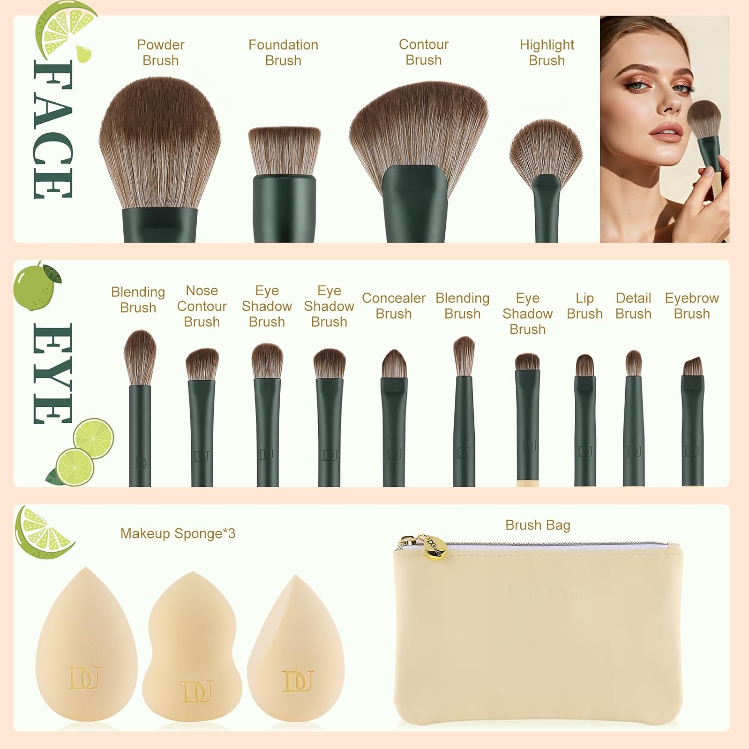 DUcare Makeup Gift Set 18PCS,with 14pcs Makeup Brush Set 3Pcs Makeup Sponges 1PC Cosmetic Bag for Foundation Blending Powder Blush Concealers Eye Shadows - Image 3