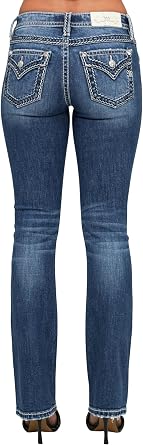 Miss Me Womens Mid-Rise Saddle Stitched Faux Flap Pockets Bootcut Jeans