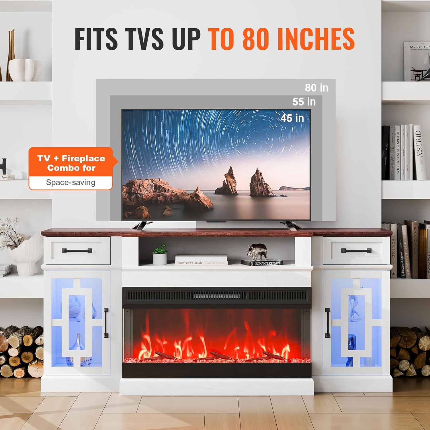 VEVOR 3-Sided Glass Fireplace TV Stand, for TVs up to 80", with 20 LED Lights, Remote Control, and Timer, 70" Large Entertainment Center with 36" Electric Fireplace, Glass Door Storage Cabinet, White