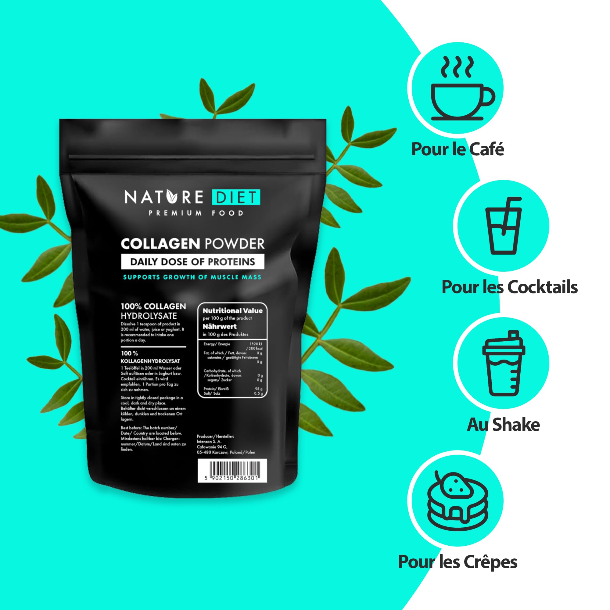 Nature Diet - Poudre de collagène (Type I, III) | 600 g | Hydrolysat | Sans saveur | Peptides de collagène