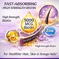 Vista 3 de DEWANG Vitaminas para el cabello, la piel y las uñas, biotina, 5000 mcg con vitamina E, C y zinc, vitaminas para el crecimiento del cabello
