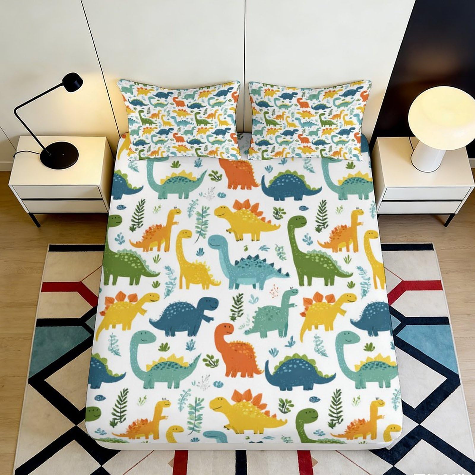 3D Printed Dinosaur Jungle Fitted Sheet Microfiber Soft Breathable Cartoon Dino Mattress Cover for Bedroom Guest Room Decor 160x200x25cm