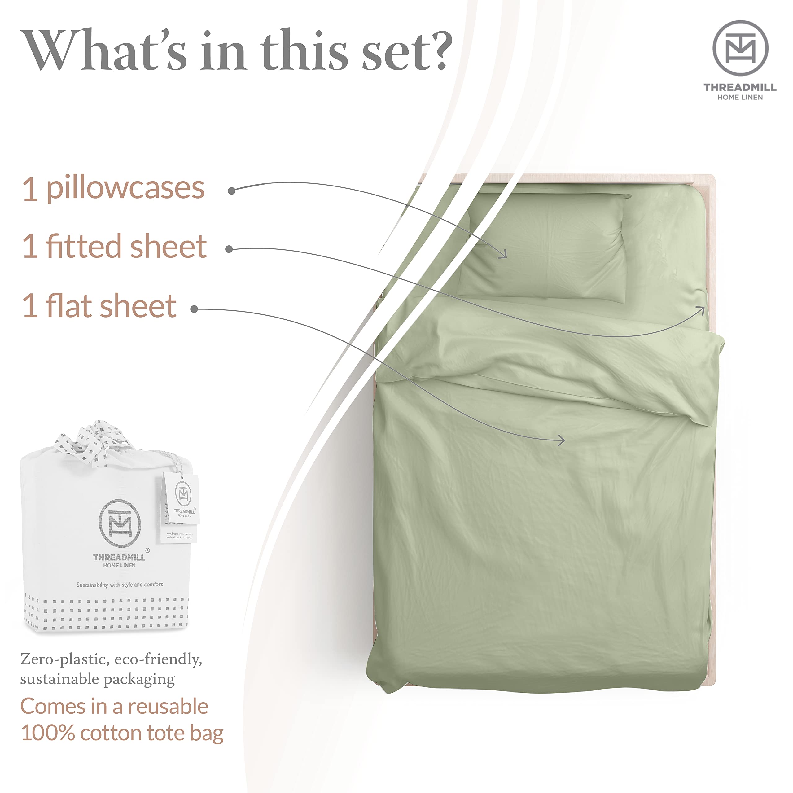 Threadmill Luxury 800 Thread Count Twin 100 Cotton Sheets Sage Green
