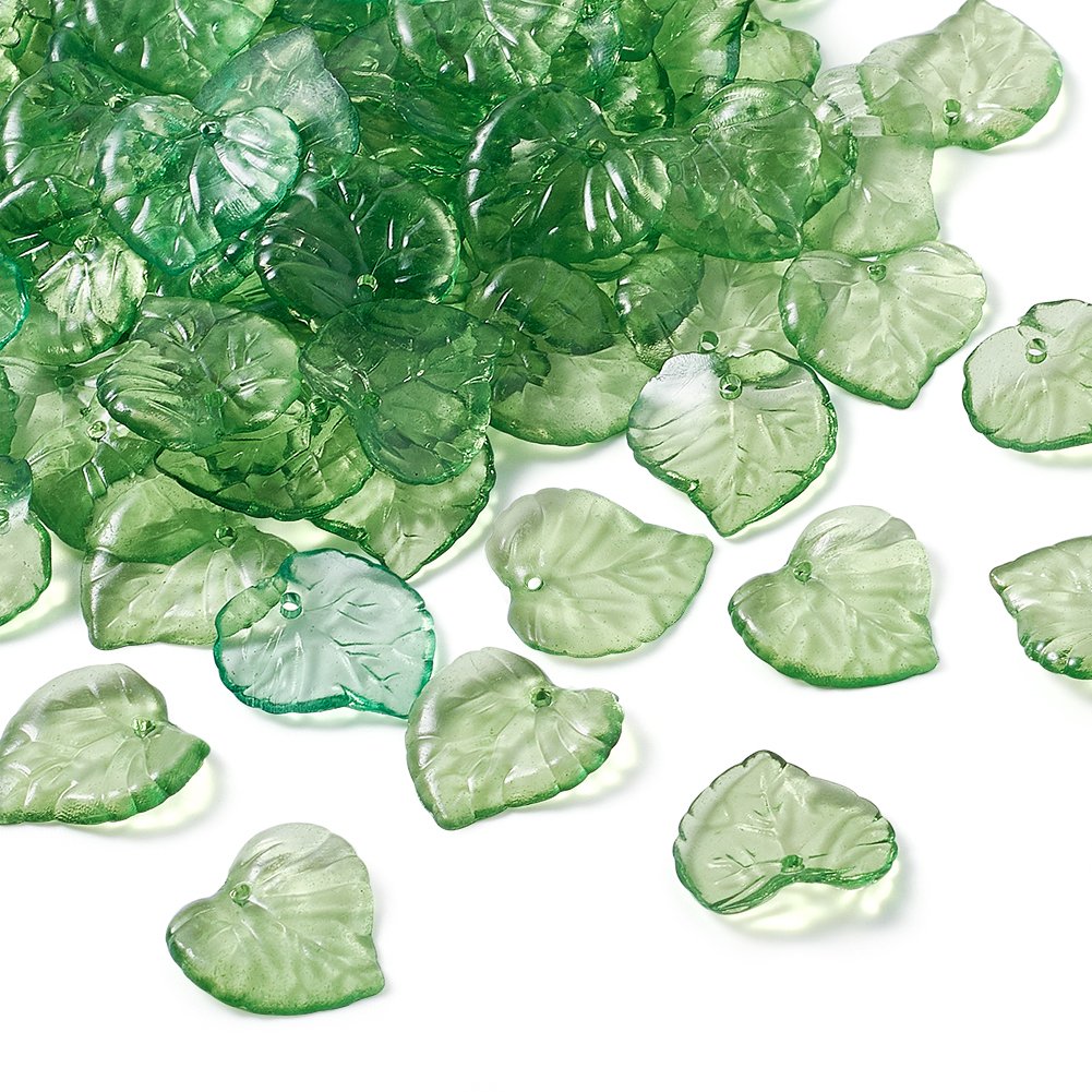 Pandahall 100pcs Transparent Green Acrylic Flower Beads Leaf Pendants 15x15mm for DIY Jewelry Making